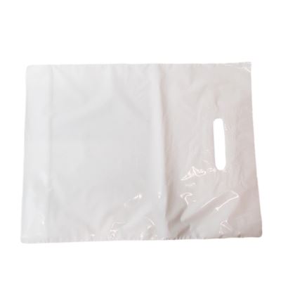 LDPE taška se zpevněným průhmatem a se složeným dnem, délka 40 cm, šířka 30 cm, bílá
