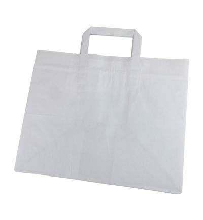 Papírová taška s plochým uchem, délka 25,5 cm, šířka 32 cm, záložka 22 cm,  bílá