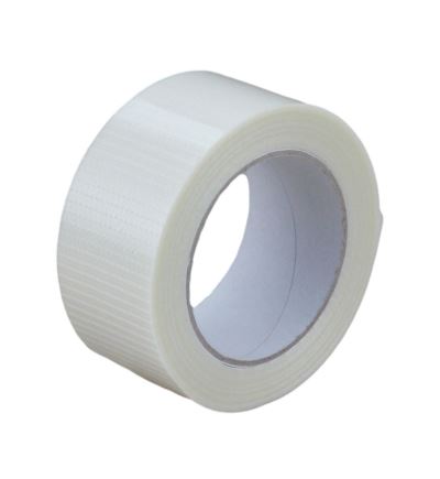 Lepicí páska pevná s vlákny 50 mm x 50 m, s příčnými i podélnými pruhy skelného vlákna
