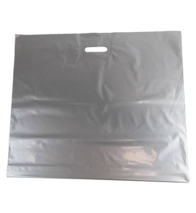 LDPE taška se zpevněným průhmatem a se složeným dnem, délka 65 cm, šířka 55 cm, záložka 11 cm, stříbrná