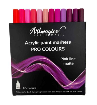 Akrylové popisovače Artmagico PRO LINE PINK 0,7 mm, sada 12 ks, odstíny matných růžových barev